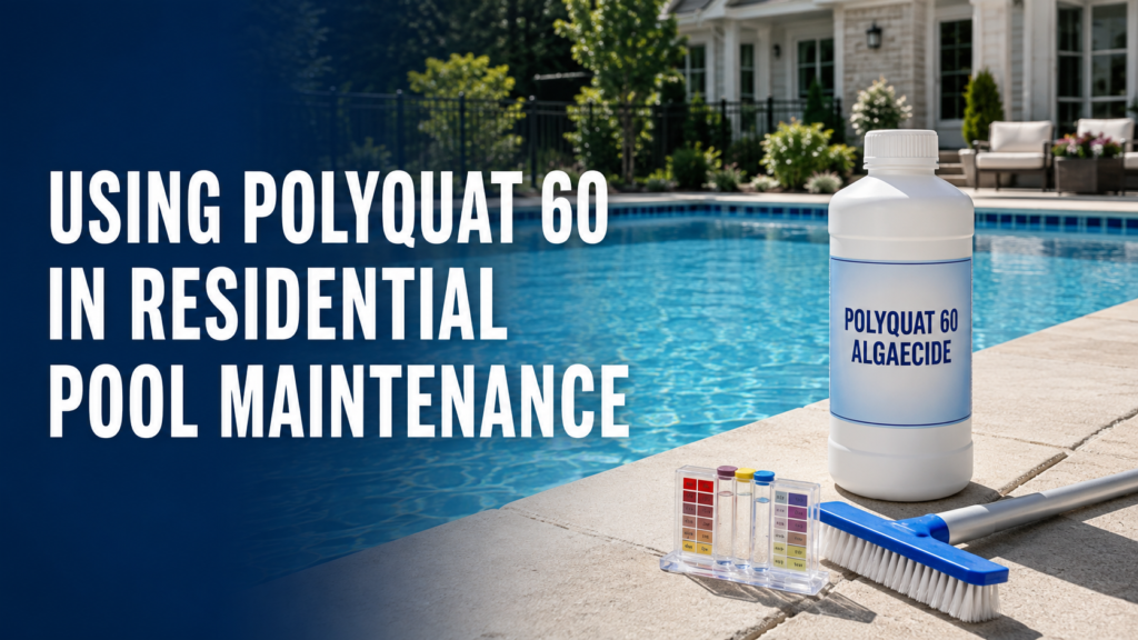 Using Polyquat 60 Algaecide for residential pool maintenance, shown with a water test kit and pool brush beside a clear backyard swimming pool.