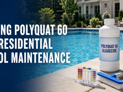Using Polyquat 60 Algaecide for residential pool maintenance, shown with a water test kit and pool brush beside a clear backyard swimming pool.