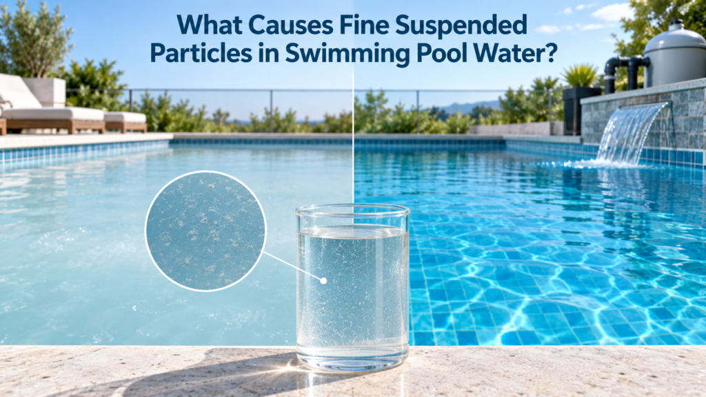 Fine suspended particles clouding one side of a swimming pool beside clear filtered water, with a magnified water sample showing tiny particles.