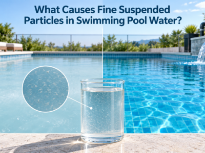 Fine suspended particles clouding one side of a swimming pool beside clear filtered water, with a magnified water sample showing tiny particles.