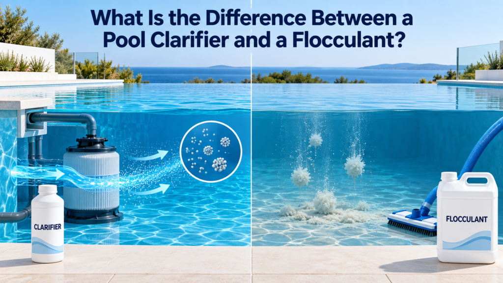 Side-by-side swimming pool comparison showing a clarifier helping the filter capture fine particles and a flocculant settling larger particles for vacuuming.