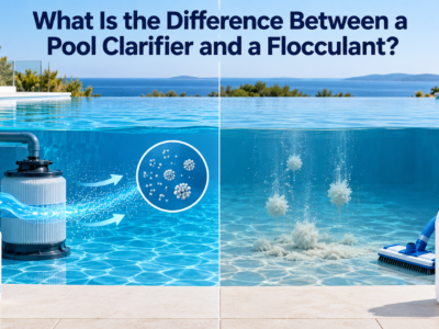 Side-by-side swimming pool comparison showing a clarifier helping the filter capture fine particles and a flocculant settling larger particles for vacuuming.