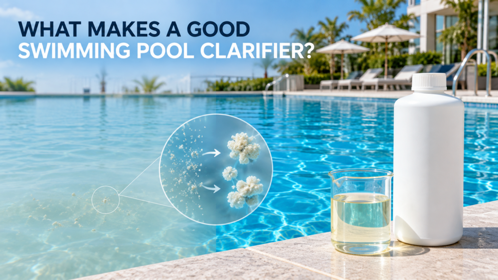 Good swimming pool clarifier helping fine suspended particles form larger clusters for easier filtration in a clear commercial swimming pool.