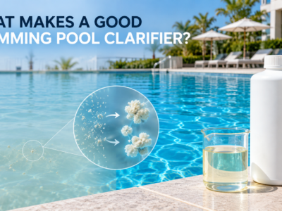 Good swimming pool clarifier helping fine suspended particles form larger clusters for easier filtration in a clear commercial swimming pool.