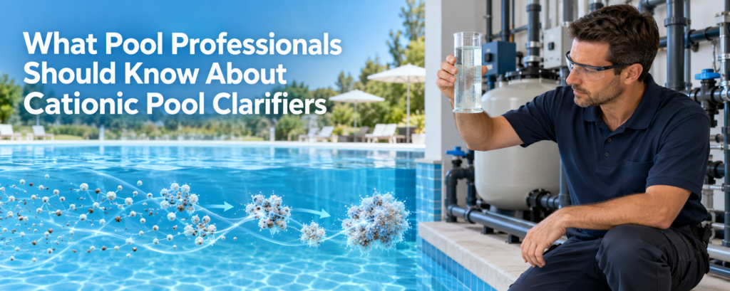 Pool professional inspecting a clear water sample beside a commercial swimming pool as cationic polymer chains gather fine suspended particles into filterable clusters.