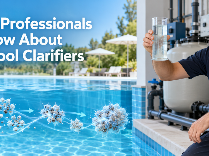 Pool professional inspecting a clear water sample beside a commercial swimming pool as cationic polymer chains gather fine suspended particles into filterable clusters.