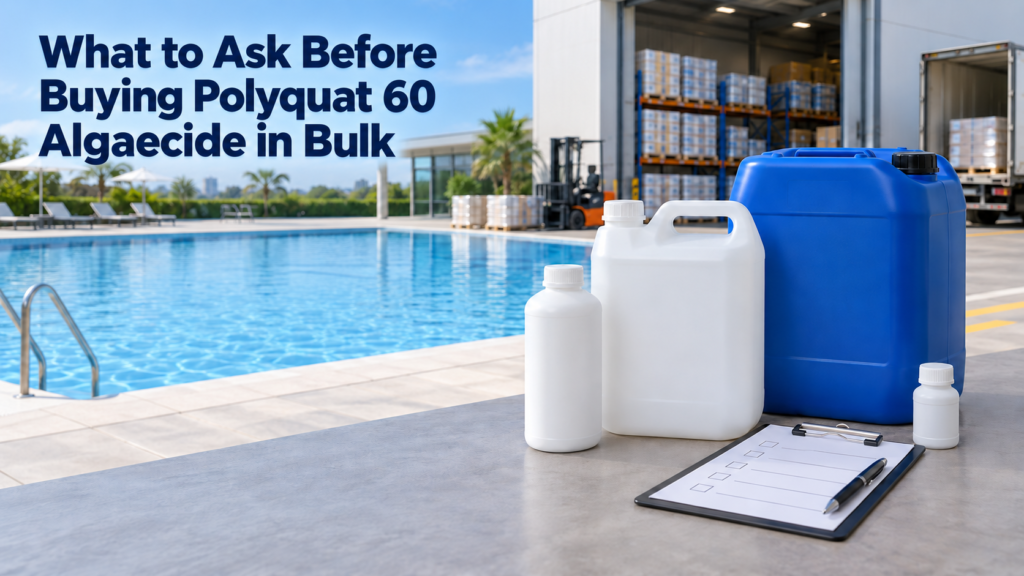 Bulk Polyquat 60 algaecide packaging beside a swimming pool, featuring the article title and a procurement quality checklist for commercial buyers.