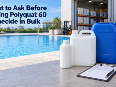 Bulk Polyquat 60 algaecide packaging beside a swimming pool, featuring the article title and a procurement quality checklist for commercial buyers.