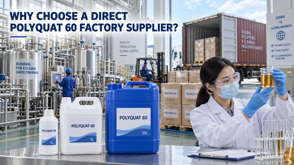 Direct Polyquat 60 factory supplier with quality-control testing, 1L bottle, 5L jerrycan, 25L blue jerrycan, production equipment, and export-ready pallets.
