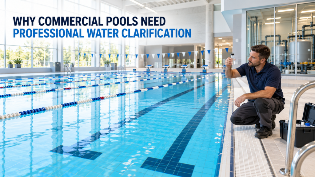 Professional commercial swimming pool with crystal-clear blue water, visible lane markings, active filtration, and a pool operator checking water clarity.