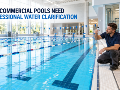 Professional commercial swimming pool with crystal-clear blue water, visible lane markings, active filtration, and a pool operator checking water clarity.
