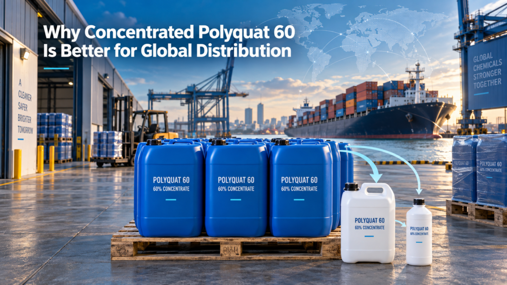 Concentrated Polyquat 60 in blue 25L jerry cans ready for global distribution, with smaller packaging options, a container ship, and a world map in the background.