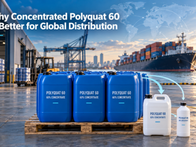 Concentrated Polyquat 60 in blue 25L jerry cans ready for global distribution, with smaller packaging options, a container ship, and a world map in the background.
