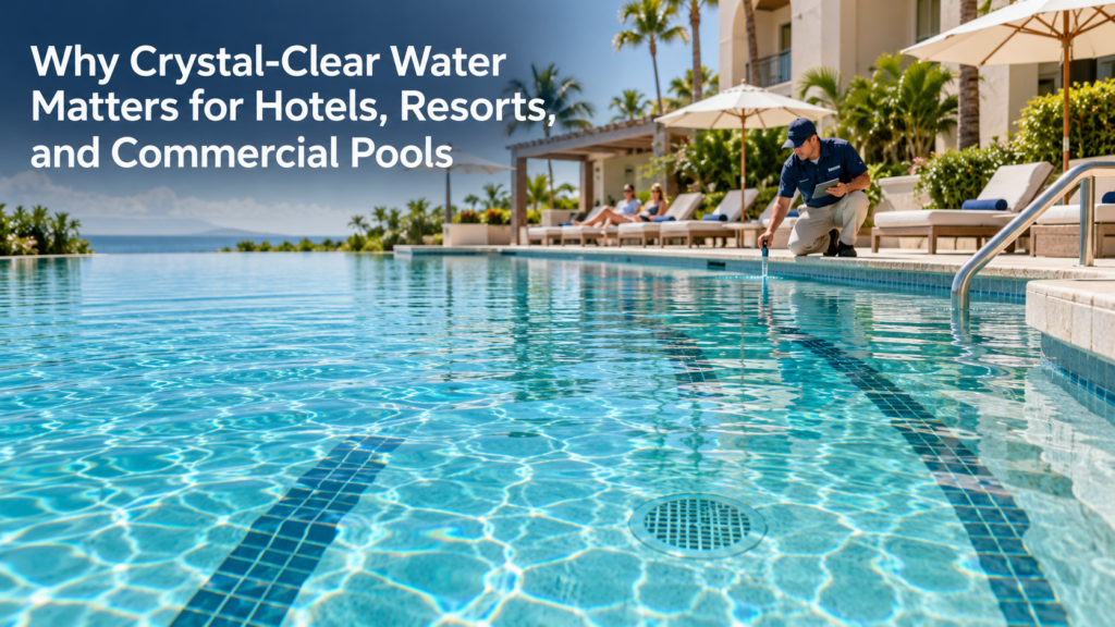 Crystal-clear commercial resort pool with a visible pool floor and a professional technician testing the water