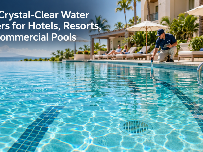 Crystal-clear commercial resort pool with a visible pool floor and a professional technician testing the water