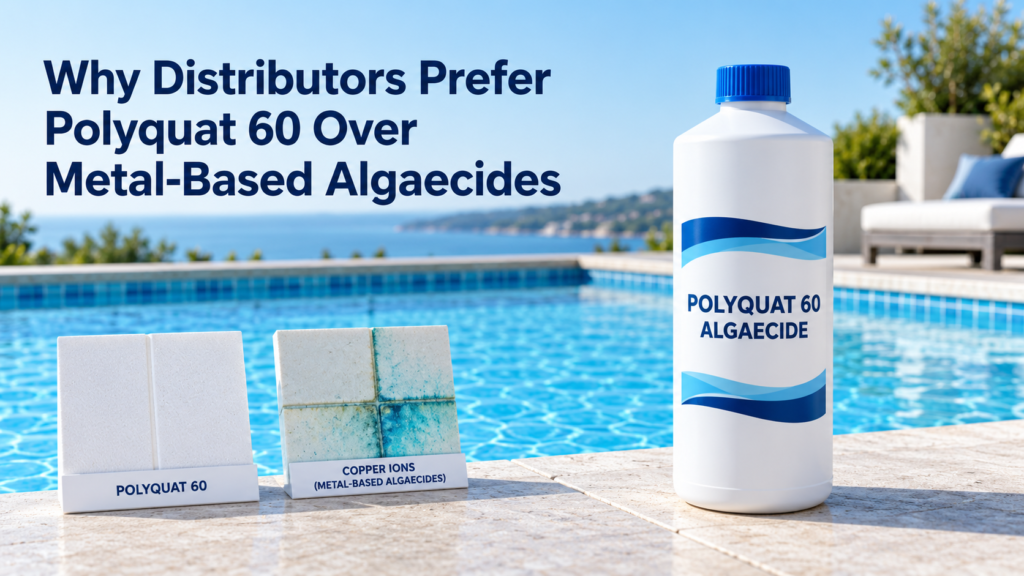 Polyquat 60 Algaecide bottle beside clean white pool tiles and copper-stained tiles, illustrating why distributors prefer metal-free polymer algaecides.