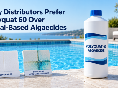 Polyquat 60 Algaecide bottle beside clean white pool tiles and copper-stained tiles, illustrating why distributors prefer metal-free polymer algaecides.