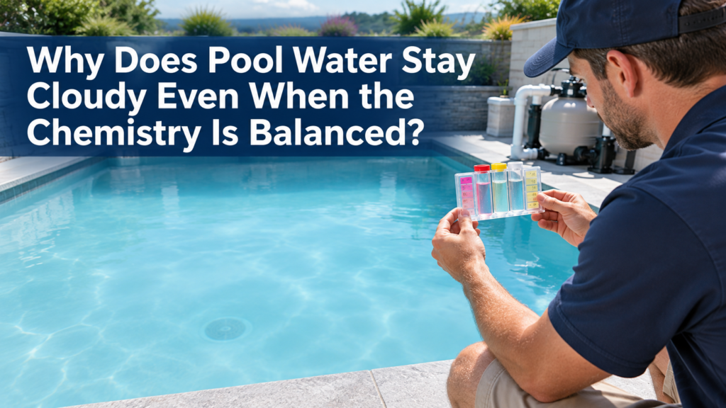 Pool technician checks balanced water chemistry beside a cloudy blue swimming pool, illustrating how filtration and fine suspended particles can affect water clarity.