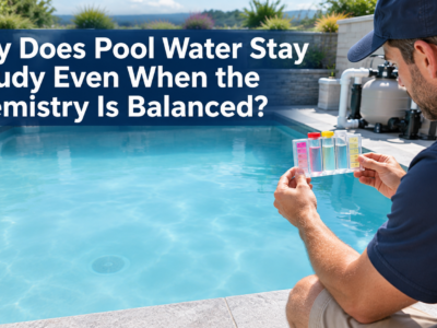 Pool technician checks balanced water chemistry beside a cloudy blue swimming pool, illustrating how filtration and fine suspended particles can affect water clarity.