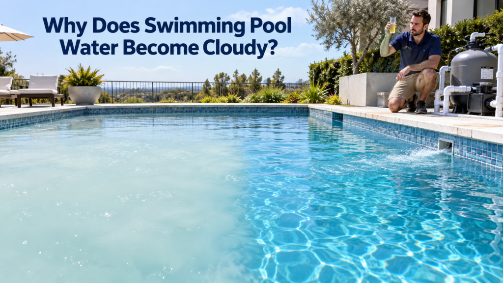 Cloudy swimming pool water transitioning into clear blue water while a pool technician tests a sample beside the filtration system.