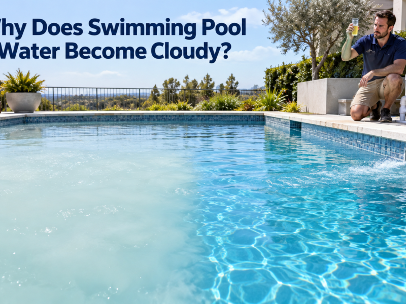 Cloudy swimming pool water transitioning into clear blue water while a pool technician tests a sample beside the filtration system.
