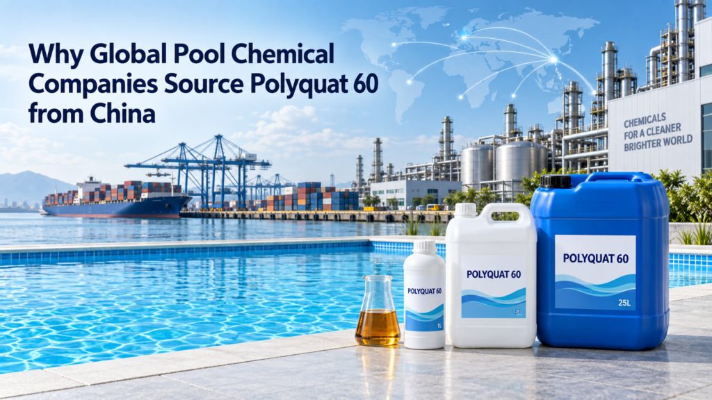 Polyquat 60 algaecide in 1L, 5L, and 25L packaging beside a swimming pool, with a Chinese chemical plant, container port, cargo ship, and global distribution routes in the background.