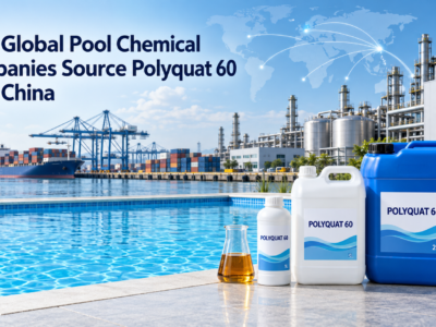 Polyquat 60 algaecide in 1L, 5L, and 25L packaging beside a swimming pool, with a Chinese chemical plant, container port, cargo ship, and global distribution routes in the background.