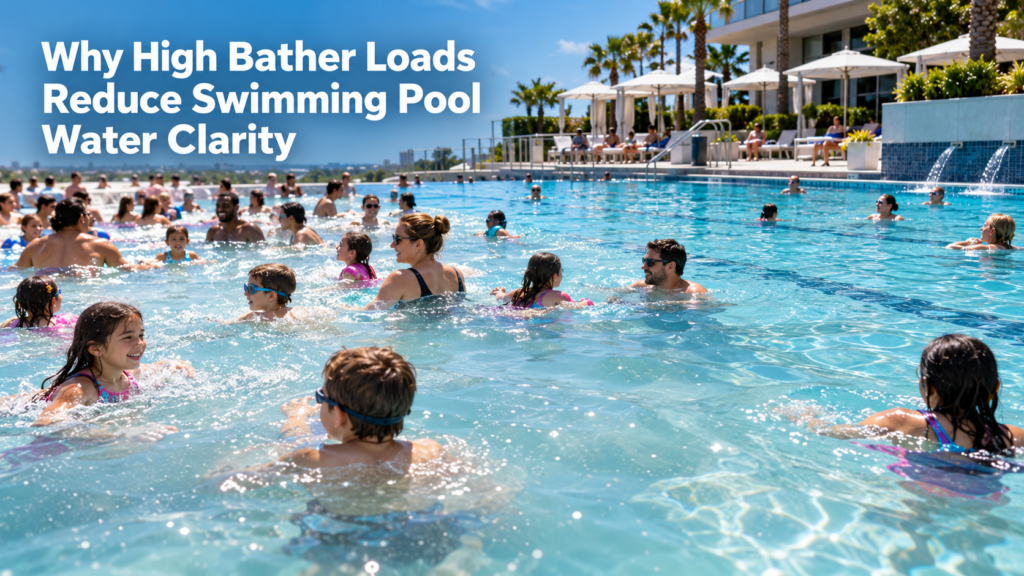 A busy commercial swimming pool with many bathers, showing slightly hazy water in the crowded area and clearer water farther away.