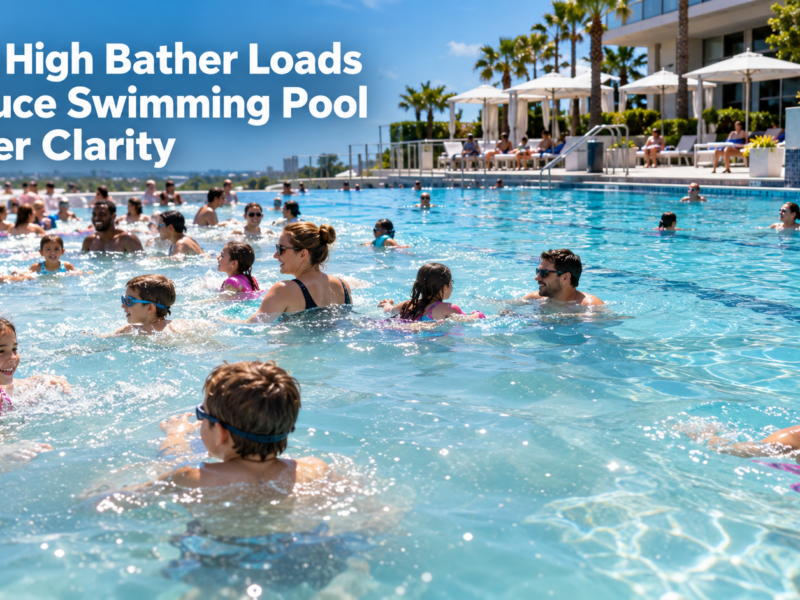 A busy commercial swimming pool with many bathers, showing slightly hazy water in the crowded area and clearer water farther away.