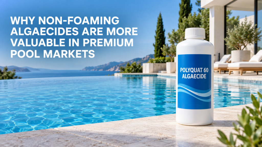 Premium Polyquat 60 Algaecide bottle beside a crystal-clear, foam-free luxury swimming pool, illustrating the value of non-foaming algaecides in premium pool markets