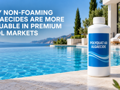 Premium Polyquat 60 Algaecide bottle beside a crystal-clear, foam-free luxury swimming pool, illustrating the value of non-foaming algaecides in premium pool markets
