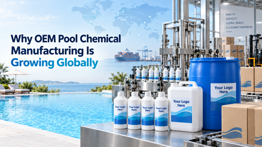 OEM pool chemical manufacturing with private-label bottles and drums labeled “Your Logo Here” beside a clear blue swimming pool.