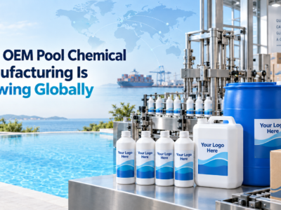 OEM pool chemical manufacturing with private-label bottles and drums labeled “Your Logo Here” beside a clear blue swimming pool.