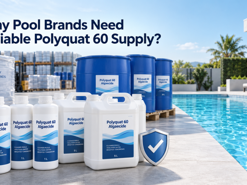 Reliable Polyquat 60 algaecide supply with labeled bottles, drums, warehouse inventory, and a clear swimming pool.