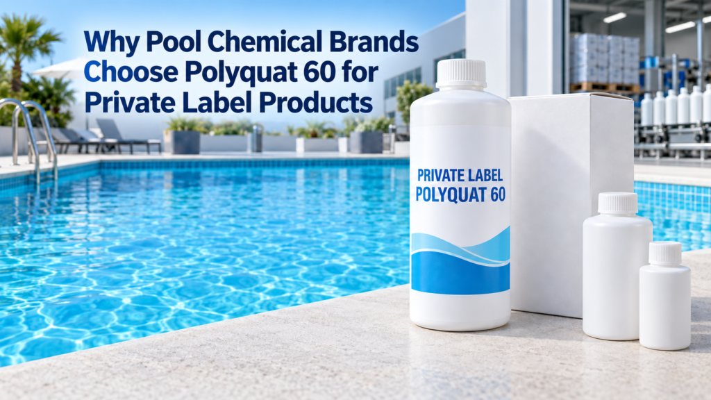 Private label Polyquat 60 algaecide in a white 1-liter bottle beside custom packaging at a clear commercial swimming pool.