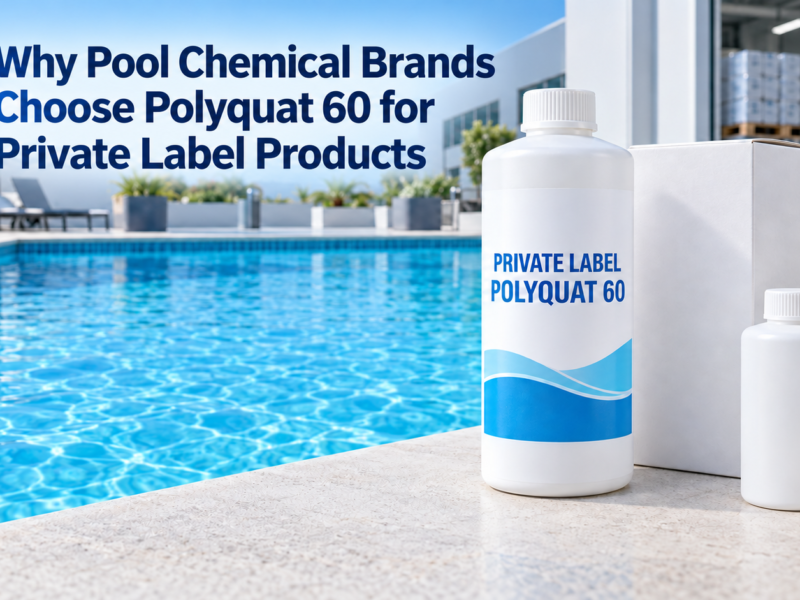 Private label Polyquat 60 algaecide in a white 1-liter bottle beside custom packaging at a clear commercial swimming pool.