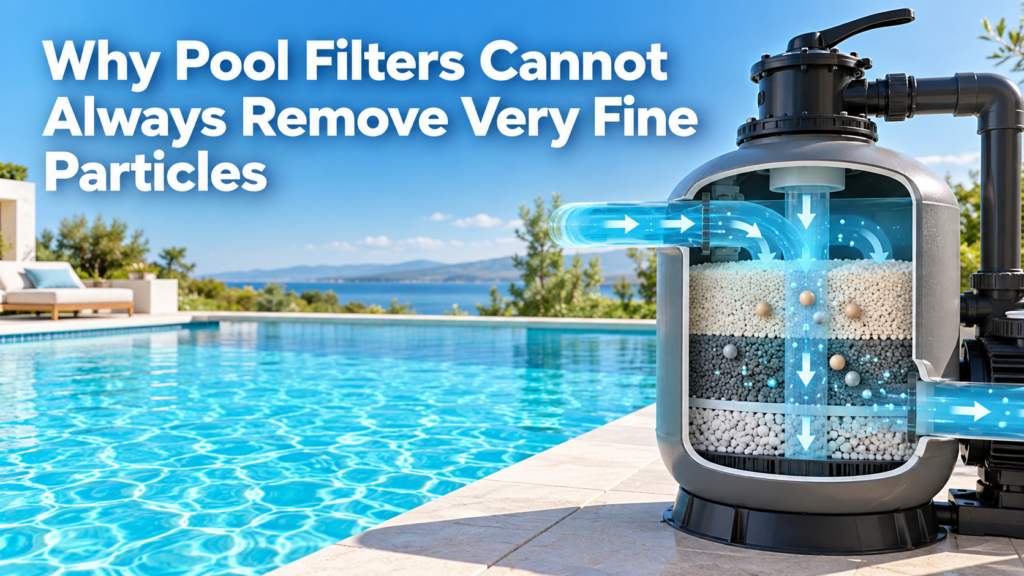 Clean swimming pool with a simplified filtration diagram showing why very fine particles can pass through pool filters and cause cloudy water.