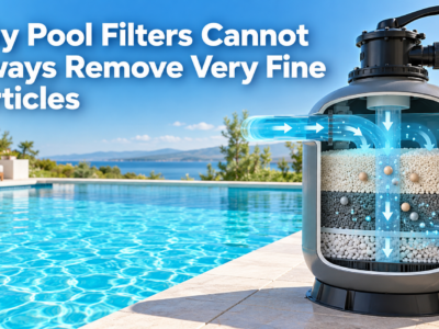 Clean swimming pool with a simplified filtration diagram showing why very fine particles can pass through pool filters and cause cloudy water.