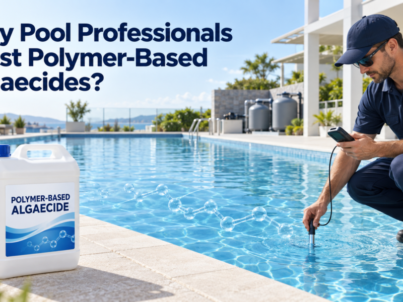 Pool professional testing clear swimming pool water beside a container labeled Polymer-Based Algaecide, highlighting reliable, non-foaming algae control.