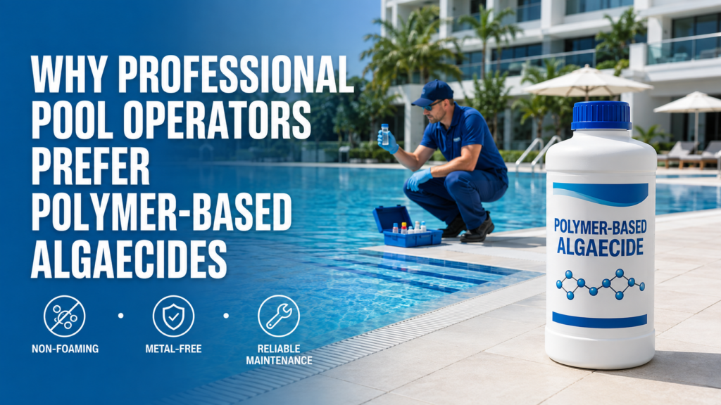 Professional pool operator testing clear commercial pool water beside a white bottle of polymer-based algaecide, highlighting non-foaming, metal-free, and reliable maintenance benefits.