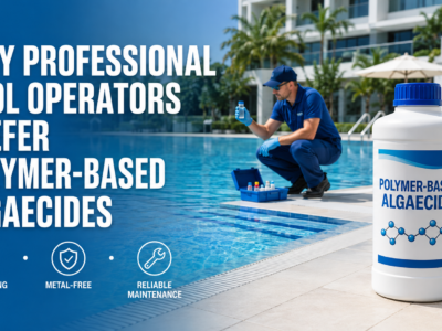 Professional pool operator testing clear commercial pool water beside a white bottle of polymer-based algaecide, highlighting non-foaming, metal-free, and reliable maintenance benefits.