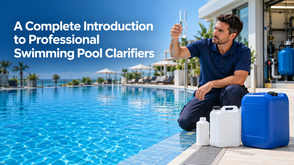 Professional pool technician inspecting a clear water sample beside a crystal-clear commercial swimming pool with unbranded clarifier containers.