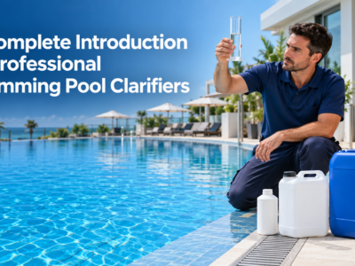 Professional pool technician inspecting a clear water sample beside a crystal-clear commercial swimming pool with unbranded clarifier containers.