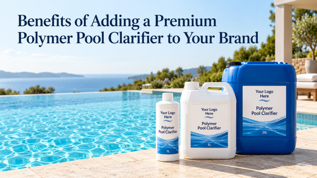 Private-label polymer pool clarifier packaging in 1L, 5L, and 25L sizes beside a clear swimming pool.
