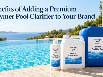 Private-label polymer pool clarifier packaging in 1L, 5L, and 25L sizes beside a clear swimming pool.