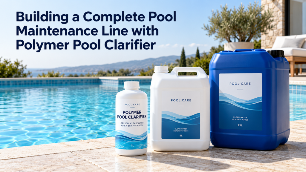 Polymer pool clarifier bottle beside 5L and 25L pool care containers, with a clear swimming pool in the background.