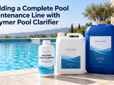 Polymer pool clarifier bottle beside 5L and 25L pool care containers, with a clear swimming pool in the background.
