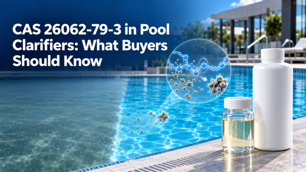 PolyDADMAC CAS 26062-79-3 pool clarifier gathering fine suspended particles as cloudy swimming pool water becomes crystal clear.