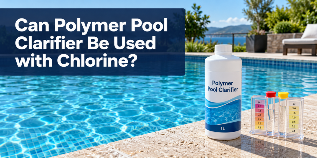 Polymer pool clarifier bottle and pool water test kit beside a clear blue swimming pool, with the title “Can Polymer Pool Clarifier Be Used with Chlorine?”
