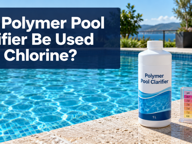 Polymer pool clarifier bottle and pool water test kit beside a clear blue swimming pool, with the title “Can Polymer Pool Clarifier Be Used with Chlorine?”